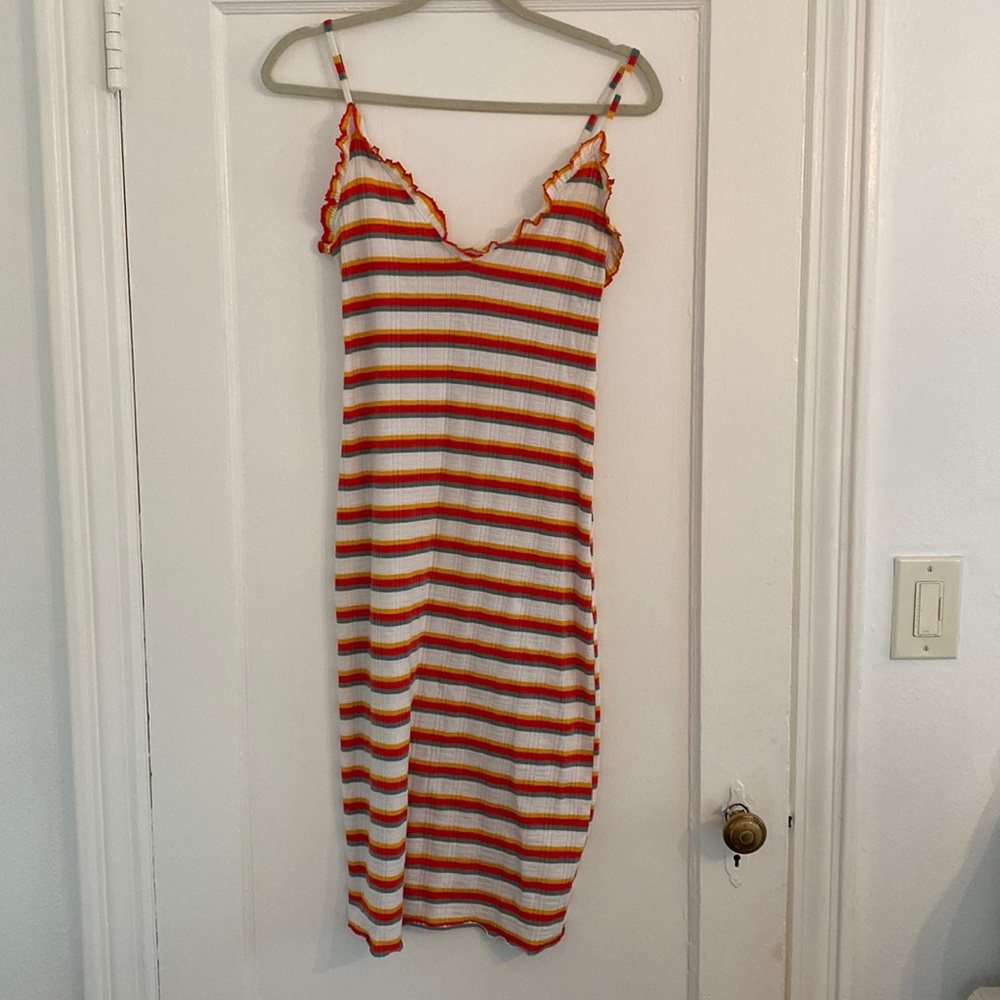 Zara striped dress with ruffle detail at the chest. Size small.